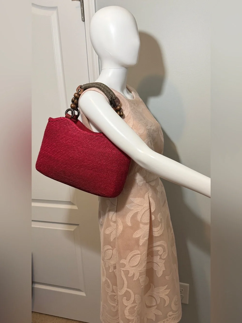 Vintage Red Woven Rattan Tote Bag Wood Beaded Handle Top Handle Boho Retro Purse